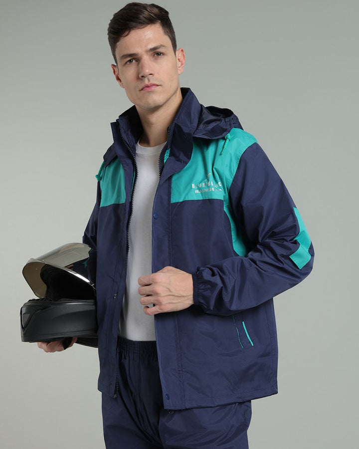 Navy with Teal Shoulder Panel - Rain Jacket with Pant