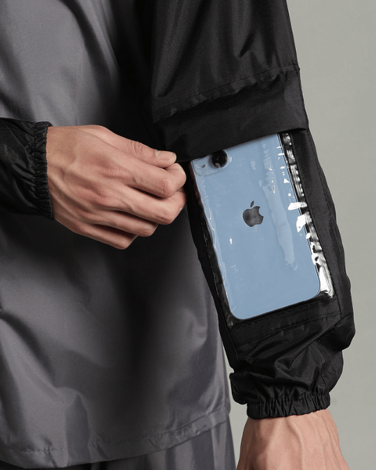 Grey with Black Sleeve - Rain Jacket with Pant & Mobile Pouch