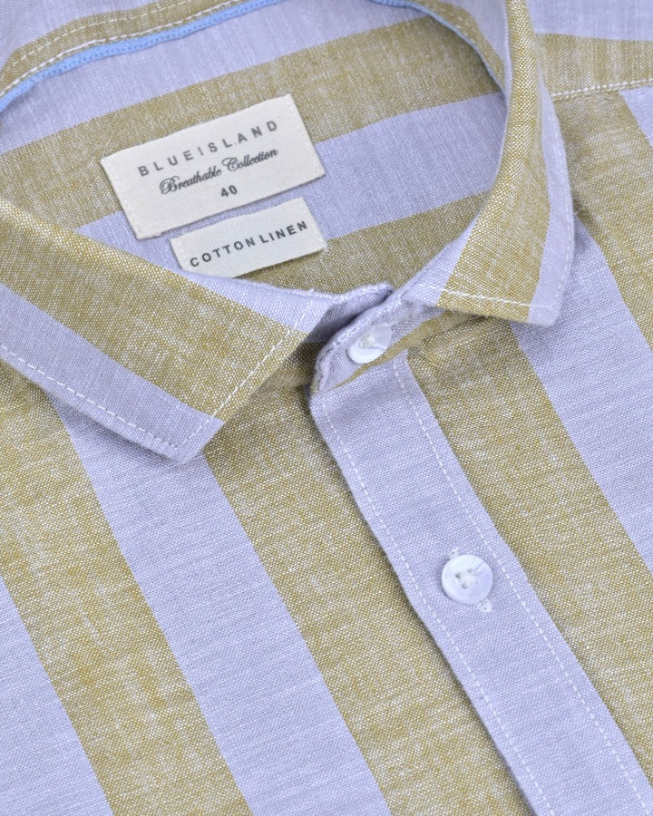 Khaki & Grey Bold Stripes-Full-Cotton Linen Shirt