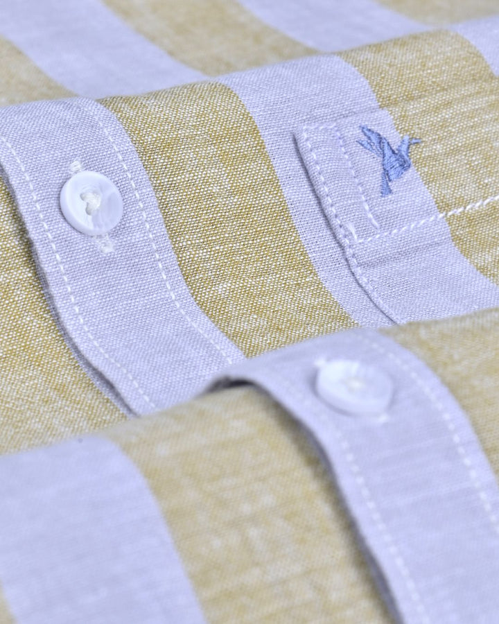 Khaki & Grey Bold Stripes-Full-Cotton Linen Shirt