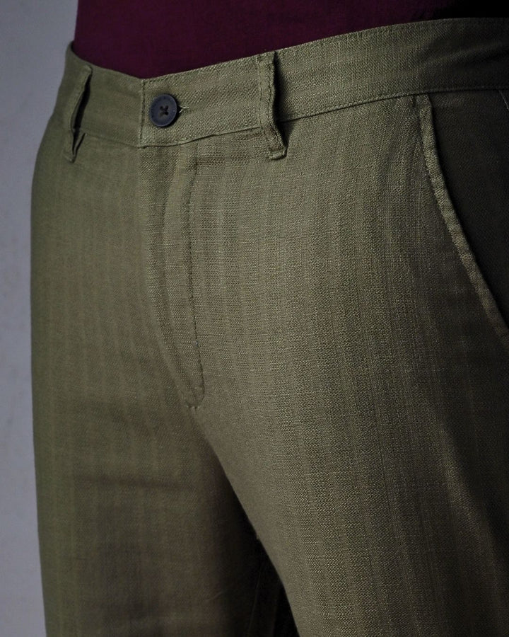 Dark Green Grain Stripes - 2 way stretch - COTTON LINEN PANT