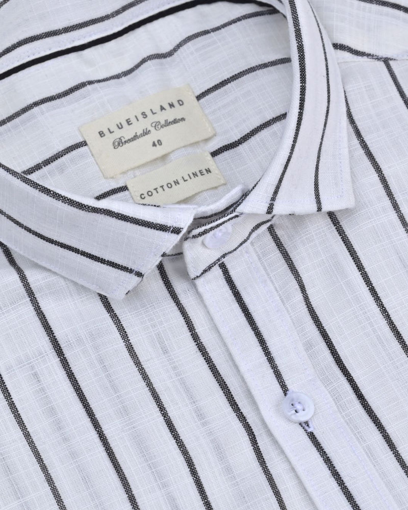 White & Black Line Stripes-Full-Cotton Linen Shirt