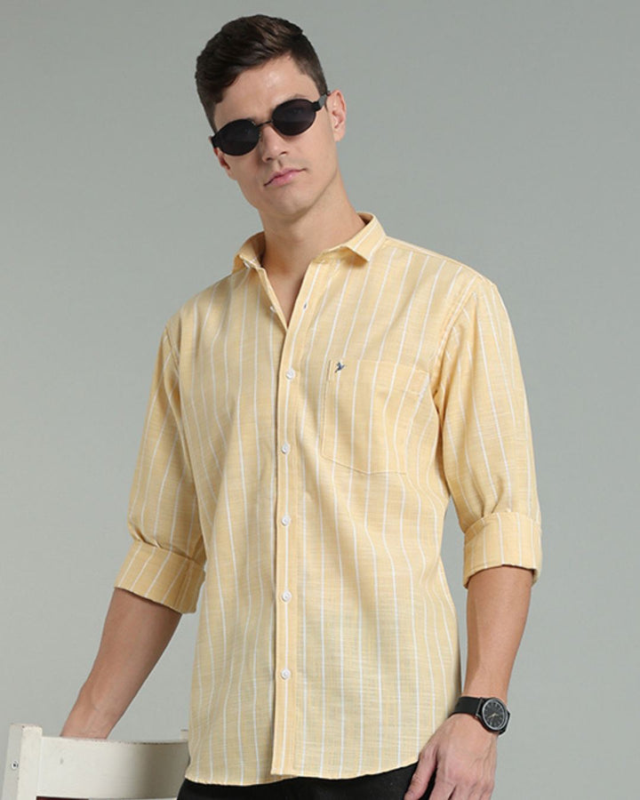 Bright Yellow & White Line Stripes -Full-Cotton Linen Shirt