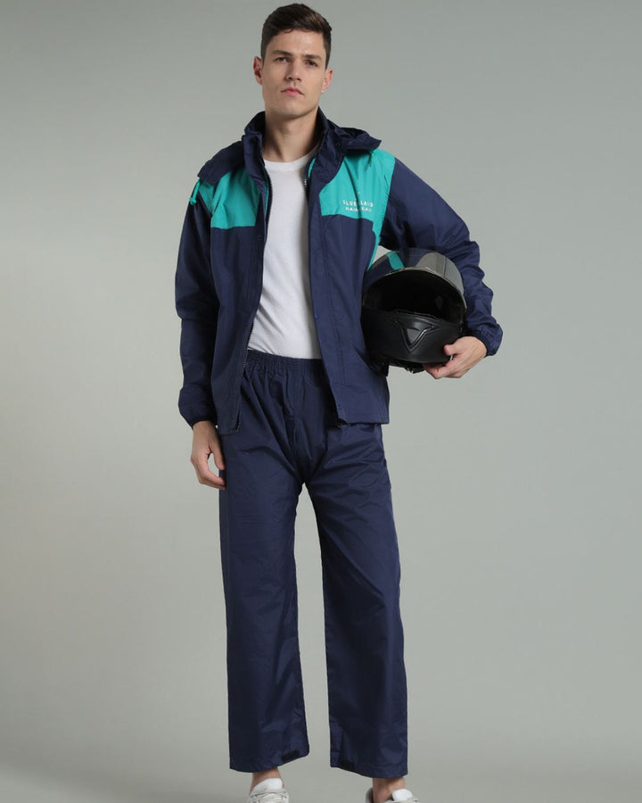 Navy with Teal Shoulder Panel - Rain Jacket with Pant