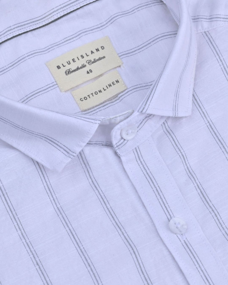 White & Grey Triple Dotted Line Stripes -Full-Cotton Linen Shirt