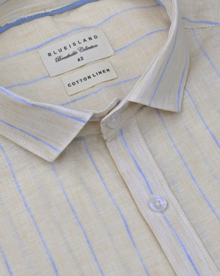 Cream & Blue Line Stripes -Full-Cotton Linen Shirt