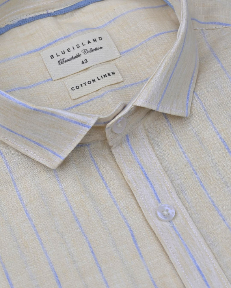 Cream & Blue Line Stripes -Full-Cotton Linen Shirt