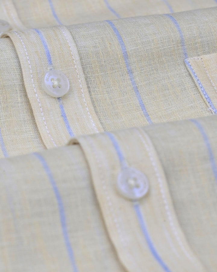 Cream & Blue Line Stripes -Full-Cotton Linen Shirt