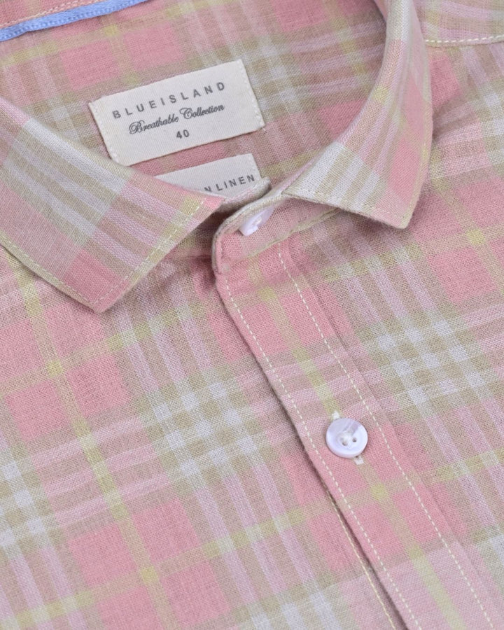 Lite Redish Multi Line Checks -Full-Cotton Linen Shirt