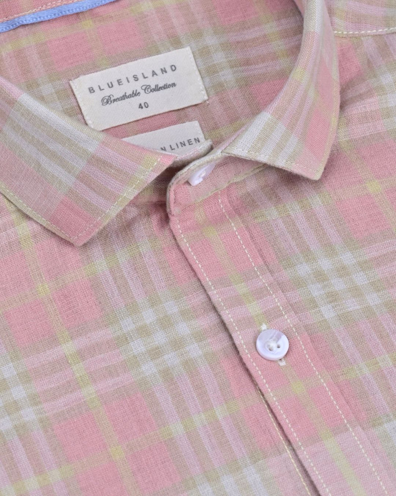 Lite Redish Multi Line Checks -Full-Cotton Linen Shirt