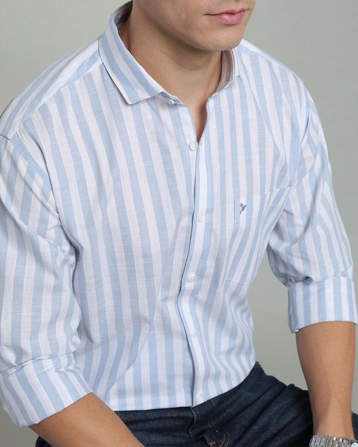 White & Blue Bold Stripes -Full-Cotton Linen Shirt