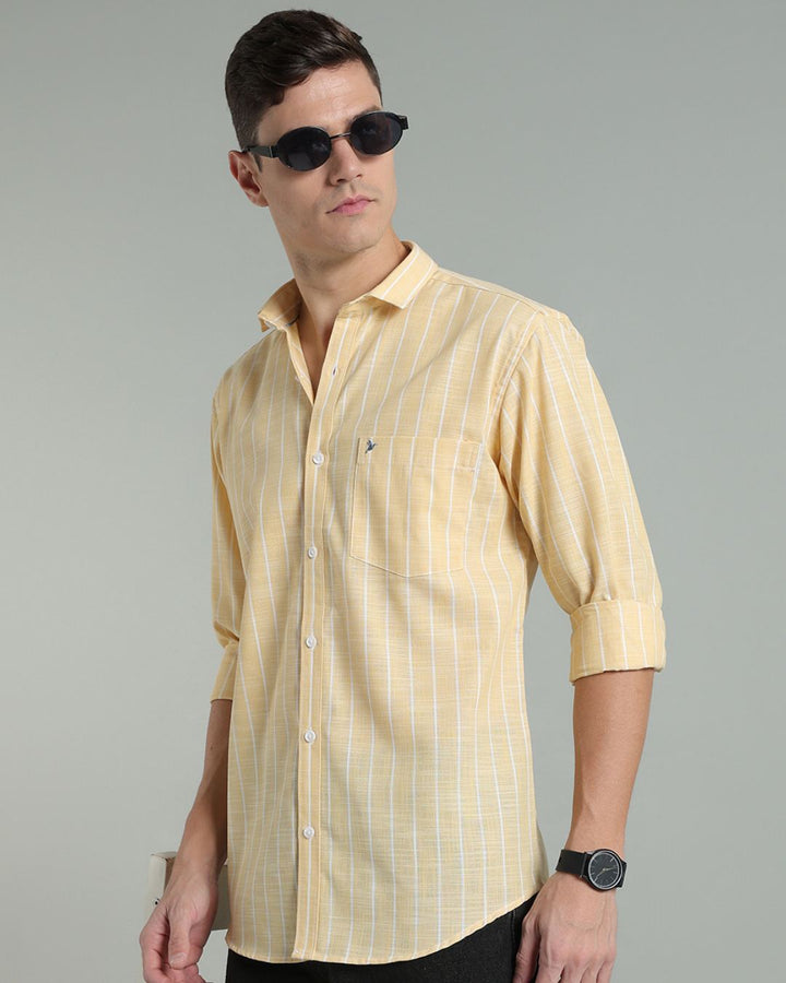 Bright Yellow & White Line Stripes -Full-Cotton Linen Shirt