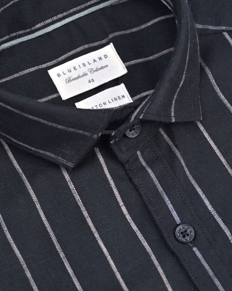 Black & White Line Stripes -Full-Cotton Linen Shirt