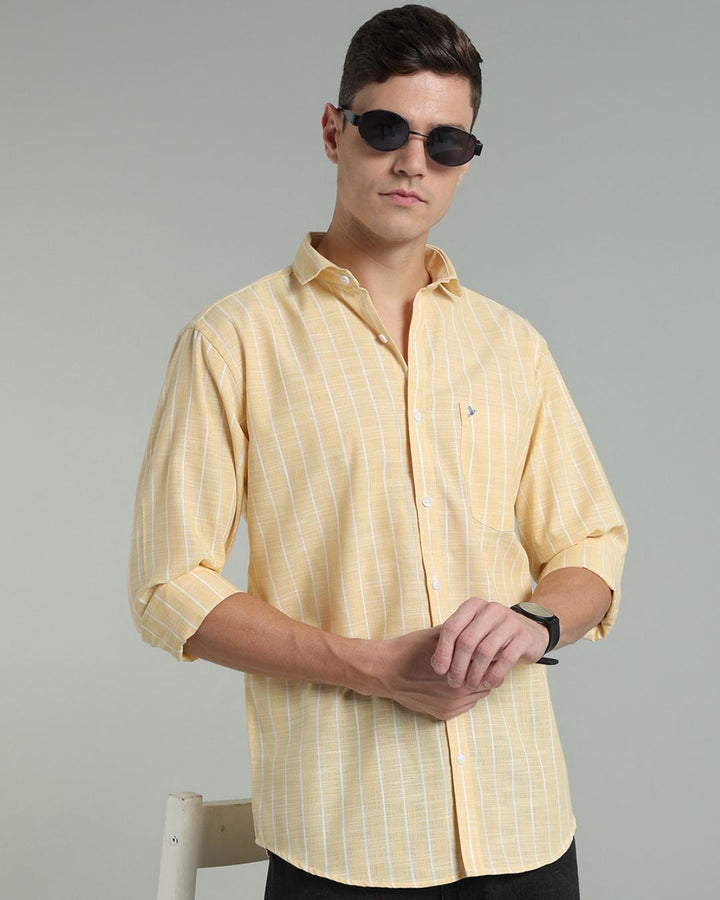 Bright Yellow & White Line Stripes -Full-Cotton Linen Shirt