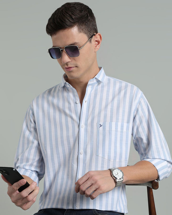 White & Blue Bold Stripes -Full-Cotton Linen Shirt