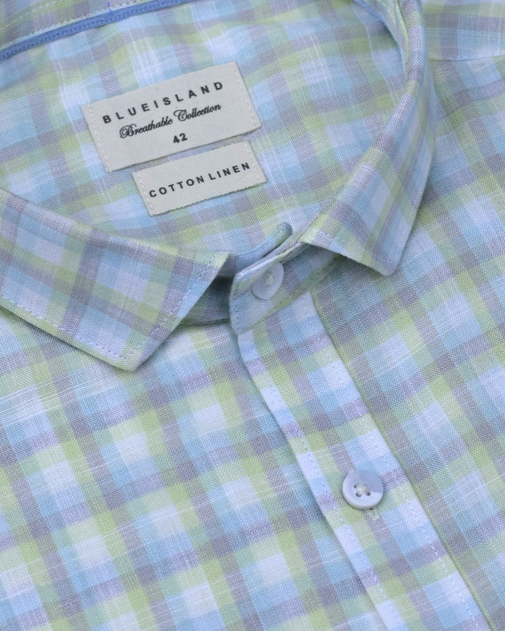 Pastel Green & Grey Checks -Full-Cotton Linen Shirt