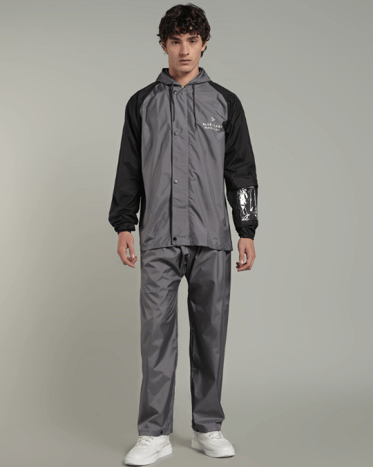 Grey with Black Sleeve - Rain Jacket with Pant & Mobile Pouch