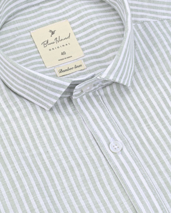White & Green Parallel Stripes -Full-Bamboo Linen