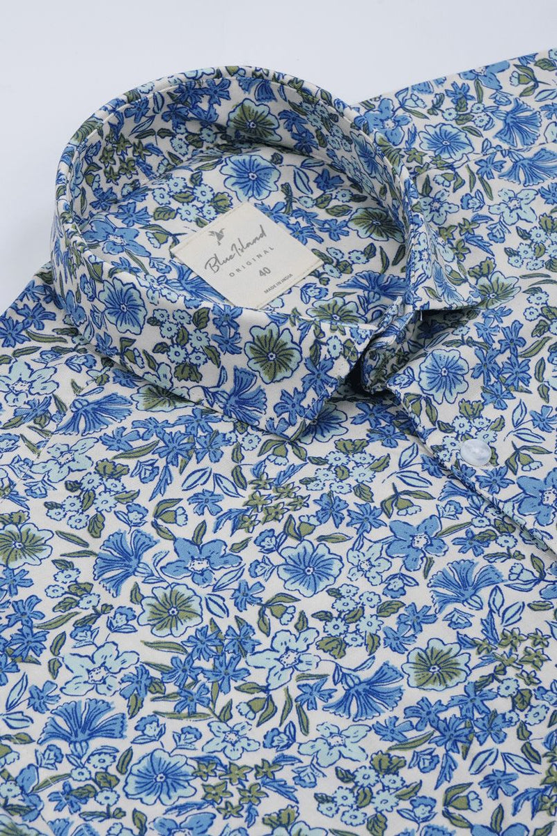 White & Blue Floral Print - Half Sleeve - Airlite Shirt