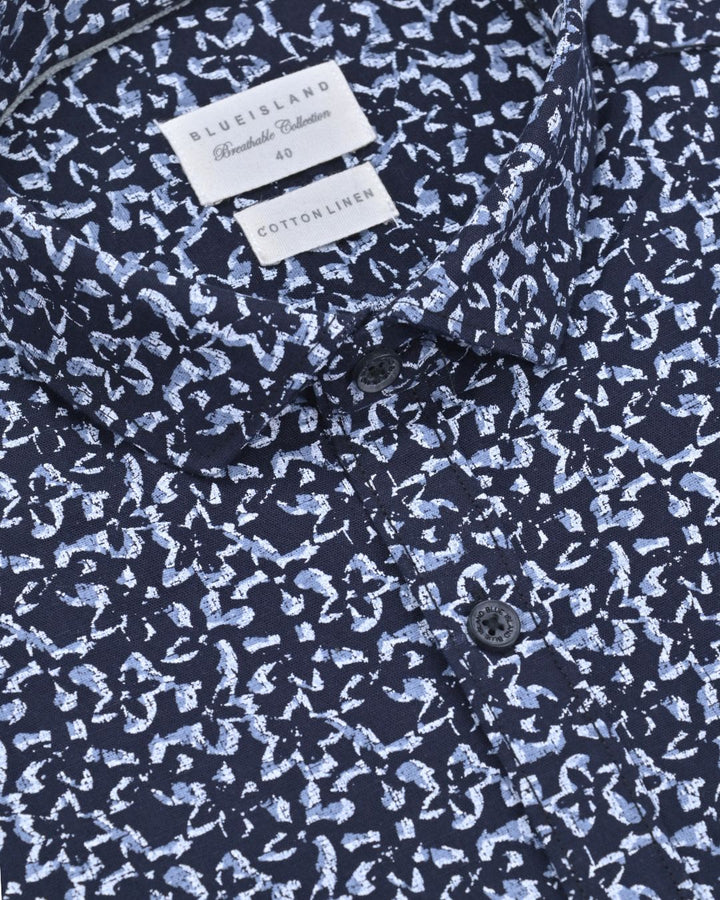Navy Semi Star Print-Full-Cotton Linen Shirt