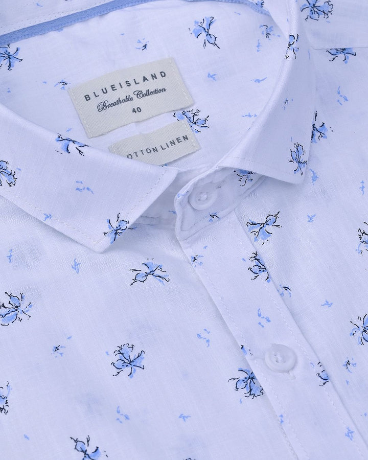 White Mosaic Print-Full-Cotton Linen Shirt