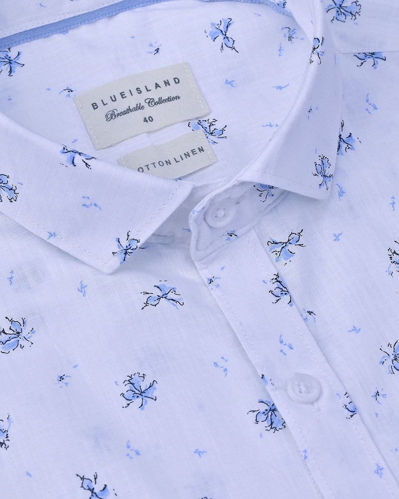 White Mosaic Print-Full-Cotton Linen Shirt