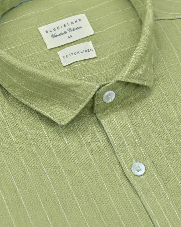 Peach Green Vertical Stripes-Full-Cotton Linen Shirt