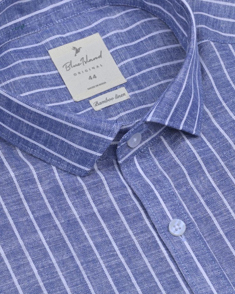 Denim Blue & White Stripes -Full-Bamboo Linen