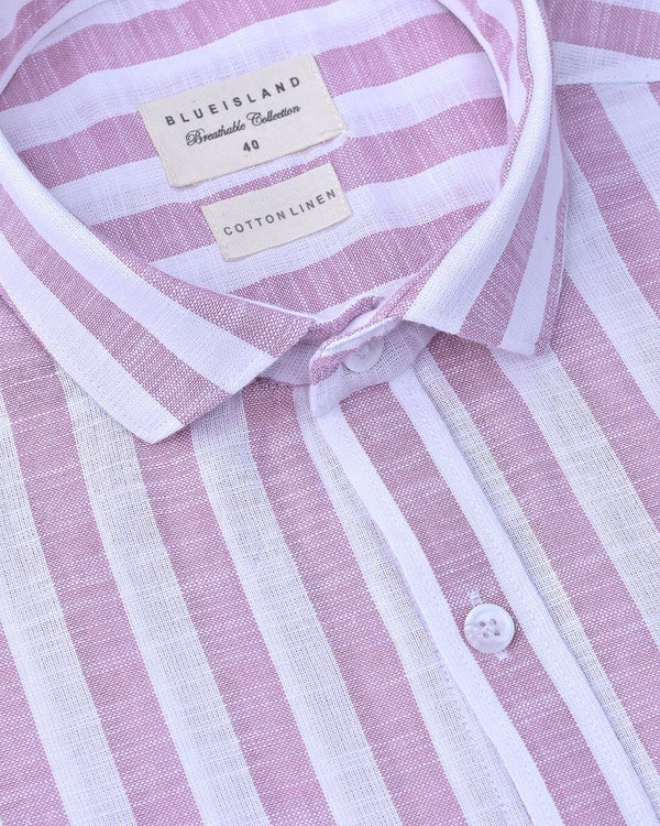 White & Rose Bold Stripes-Full-Cotton Linen Shirt