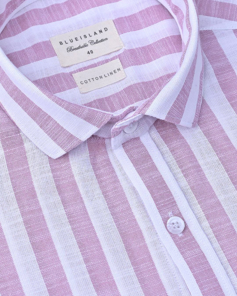 White & Rose Bold Stripes-Full-Cotton Linen Shirt