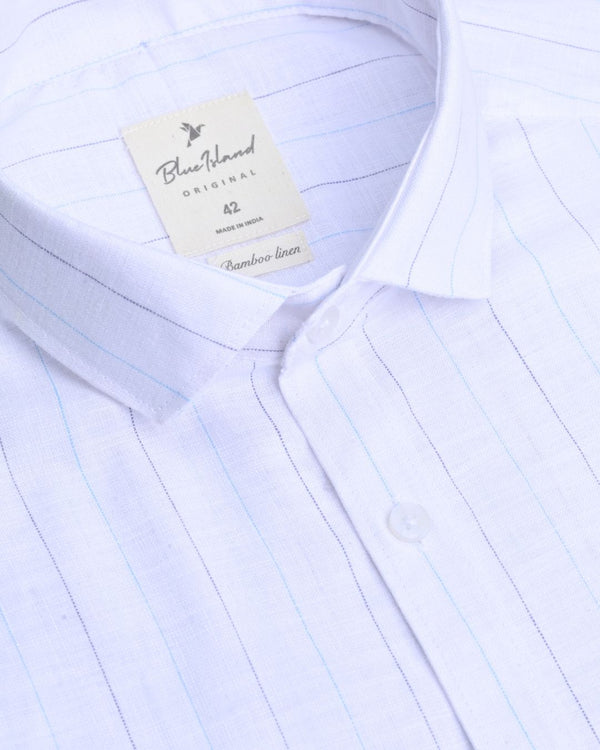White Blue & Grey Dotted Line Stripes -Full-Bamboo Linen