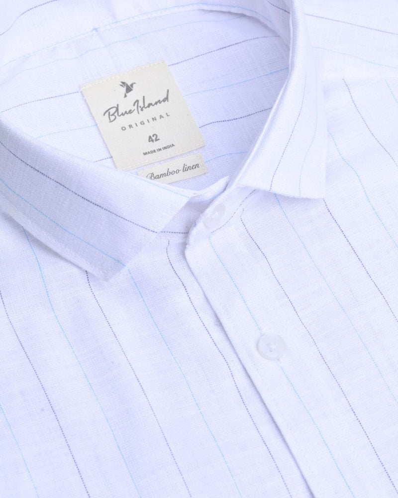 White Blue & Grey Dotted Line Stripes -Full-Bamboo Linen
