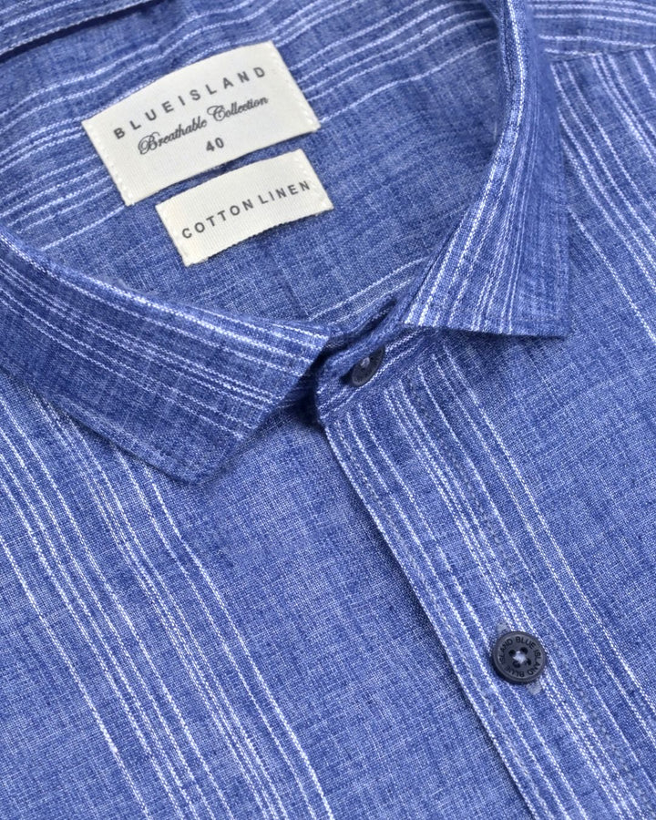 Denim & White Multi Line Stripes -Full-Cotton Linen Shirt