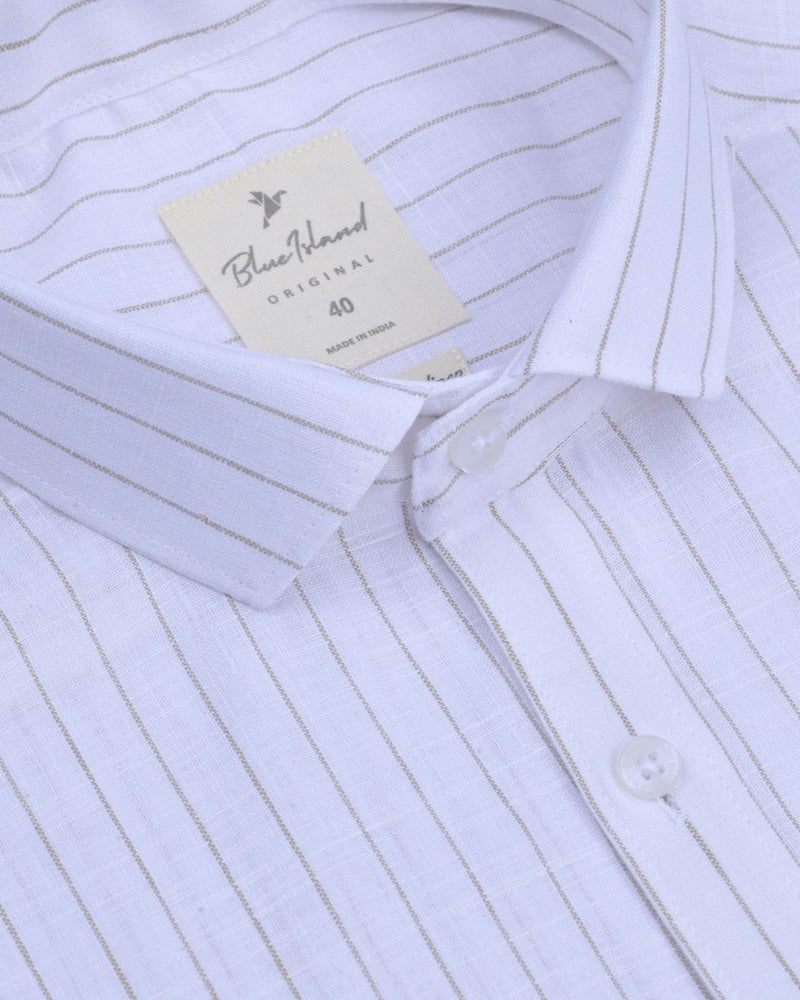 White & Khaki Line Stripes - Half Sleeve -Bamboo Linen