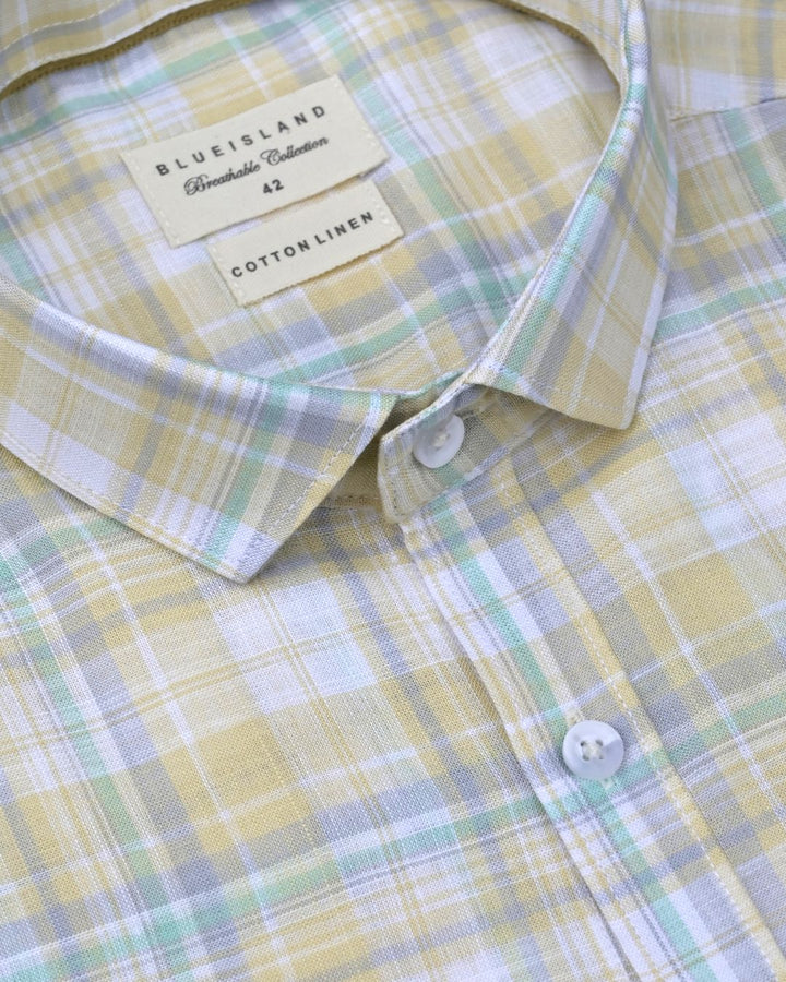 Summer Yellow & Green Line Checks -Full-Cotton Linen Shirt