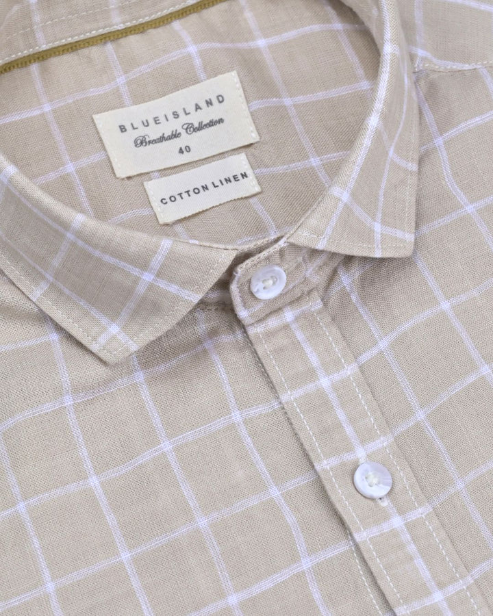 Sandal Cream & White Checks -Full-Cotton Linen Shirt