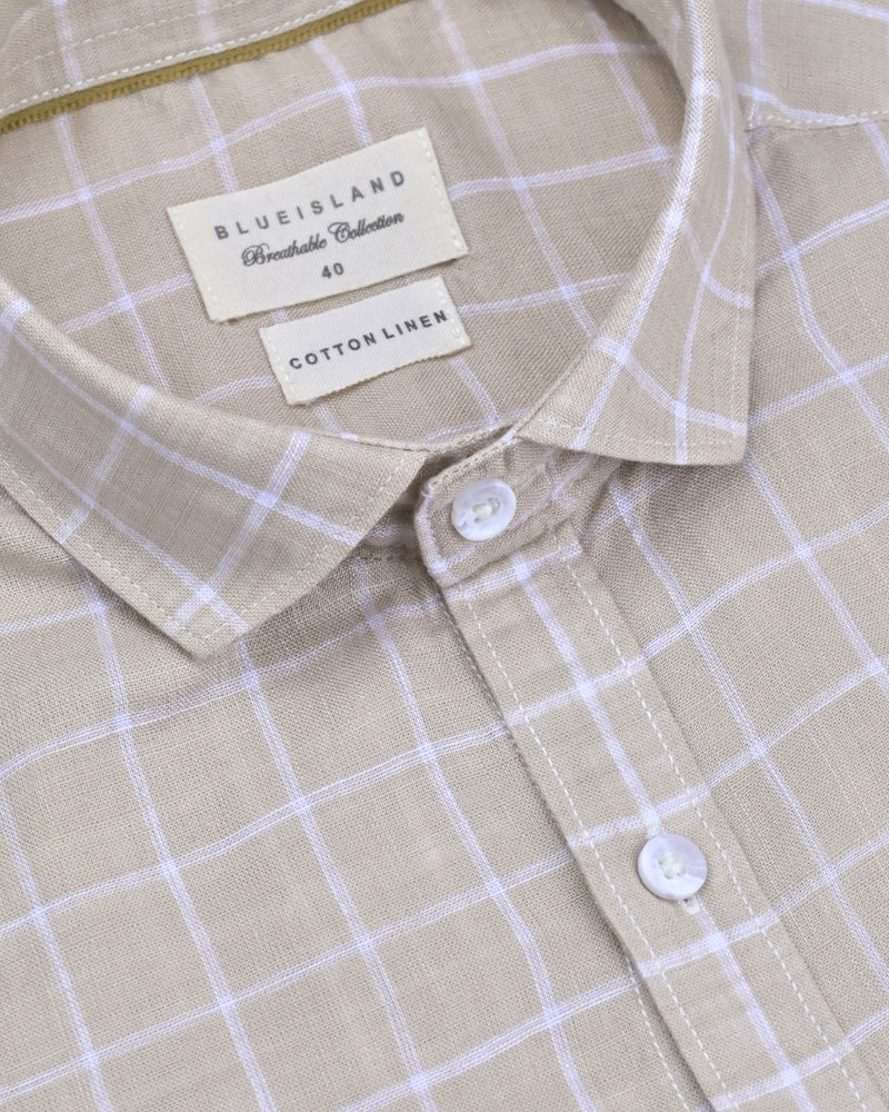 Sandal Cream & White Checks -Full-Cotton Linen Shirt