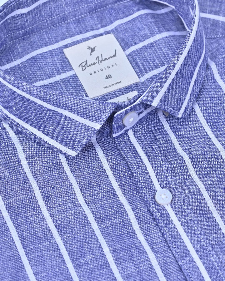 Steel Blue & White Large Stripes -Full-Bamboo Linen