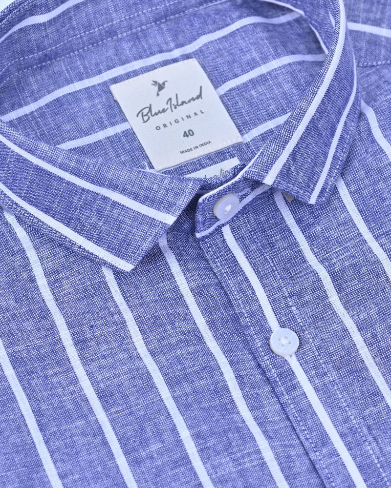 Steel Blue & White Large Stripes -Full-Bamboo Linen