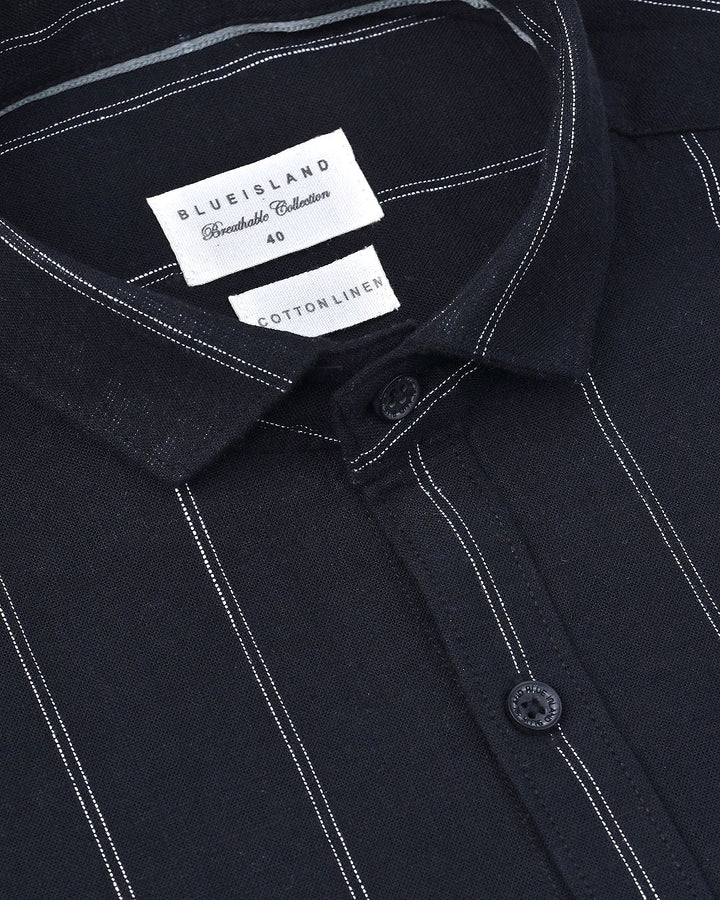 Black & White Double Dotted Line Stripes -Full-Cotton Linen Shirt