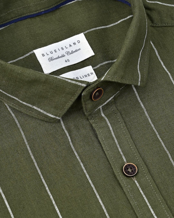 Dark Olive Broad Stripes-Full-Cotton Linen Shirt