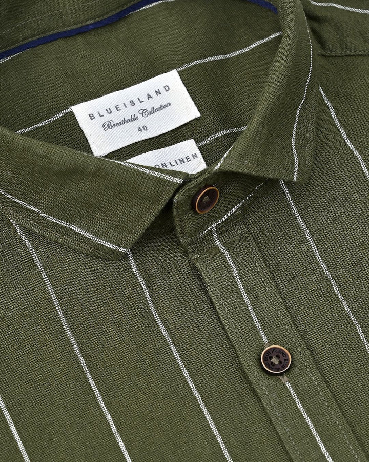 Dark Olive Broad Stripes-Full-Cotton Linen Shirt