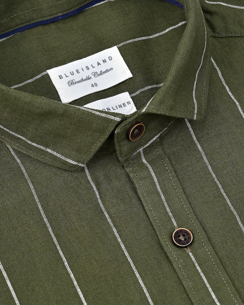 Dark Olive Broad Stripes-Full-Cotton Linen Shirt