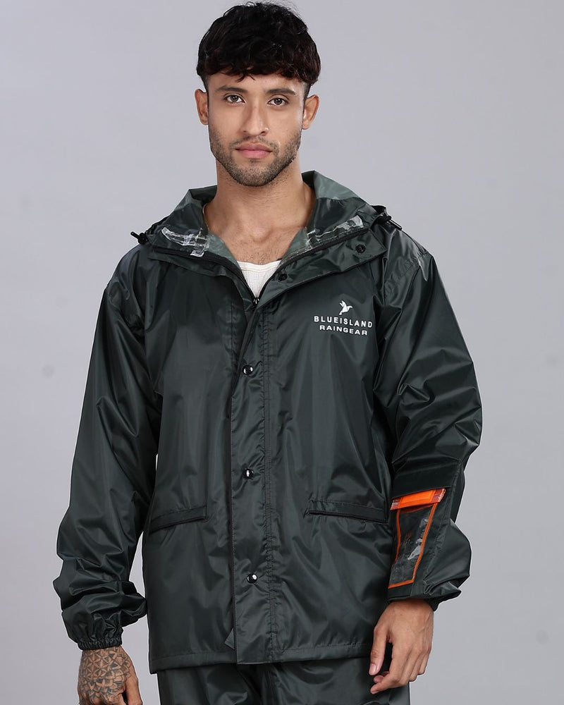 Military Green - Rain Jacket with Pant and Mobile Pouch