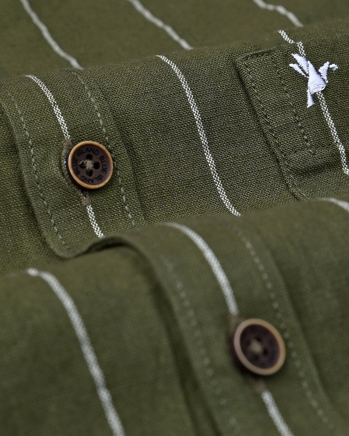 Dark Olive Broad Stripes-Full-Cotton Linen Shirt