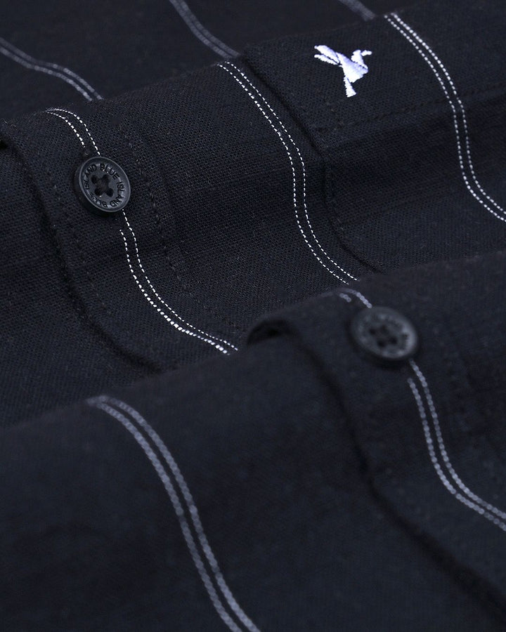 Black & White Double Dotted Line Stripes -Full-Cotton Linen Shirt