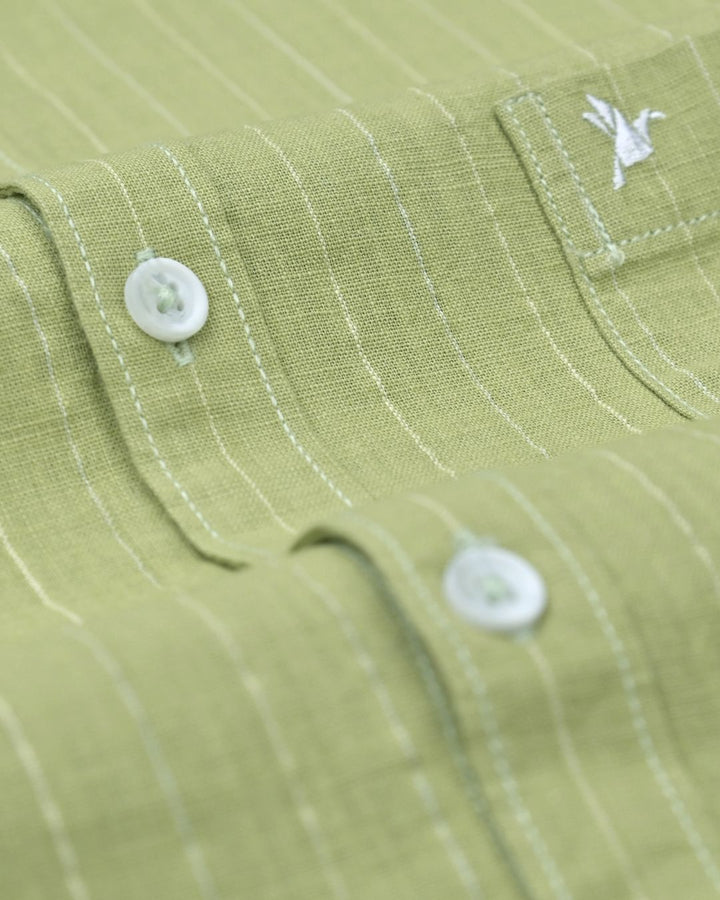 Peach Green Vertical Stripes-Full-Cotton Linen Shirt
