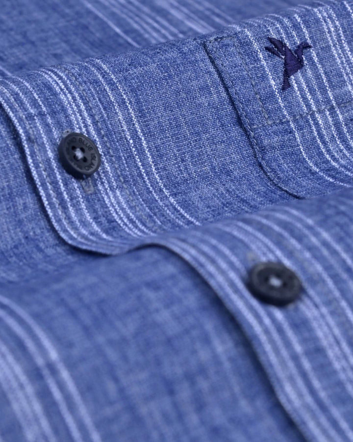 Denim & White Multi Line Stripes -Full-Cotton Linen Shirt