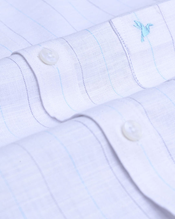 White Blue & Grey Dotted Line Stripes -Full-Bamboo Linen