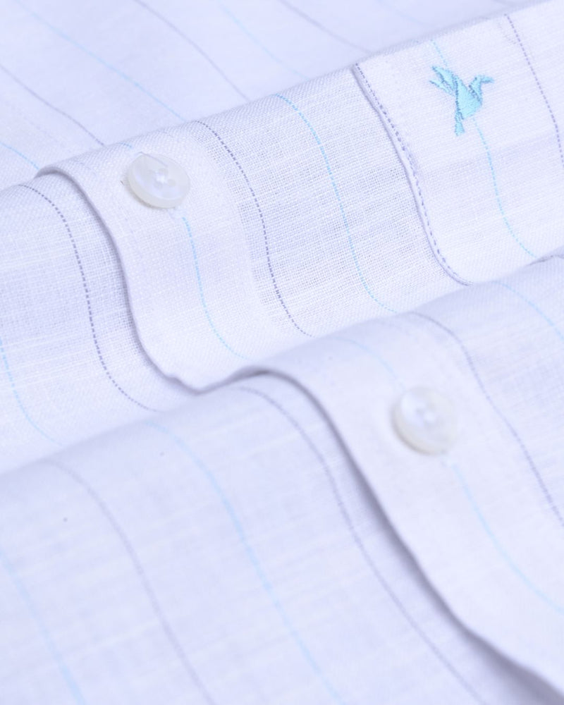 White Blue & Grey Dotted Line Stripes -Full-Bamboo Linen